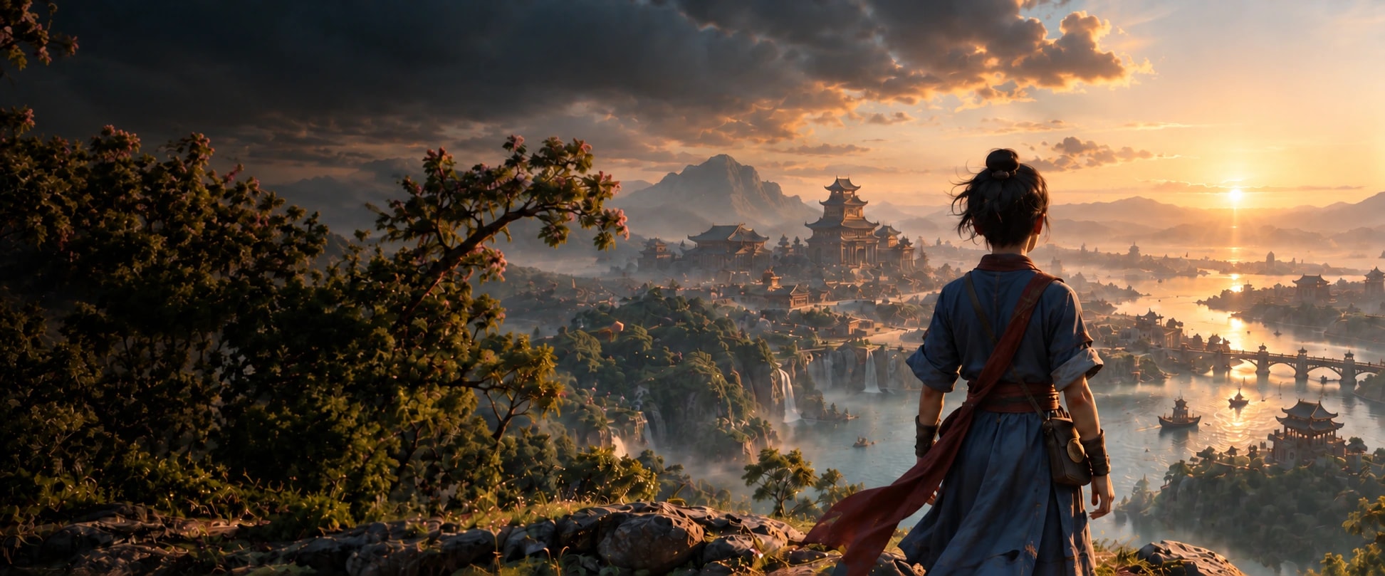 An adventurer overlooks a vast city of pagodas, rivers and waterfalls at sunrise.
