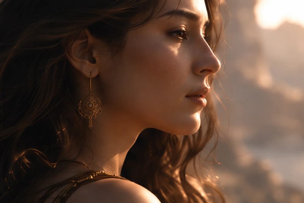 A thoughtful woman looks toward the light in a warm cinematic portrait.