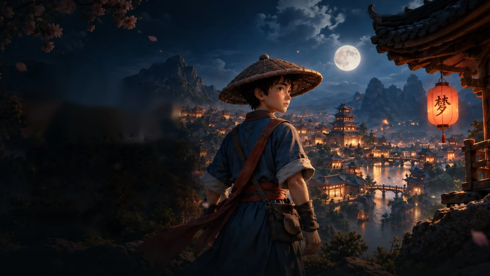 Li Wei in a conical straw hat looks out over a lantern-lit Ming town by moonlight.