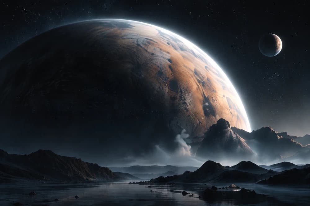 A luminous planet and small moon rise above a misty alien landscape.