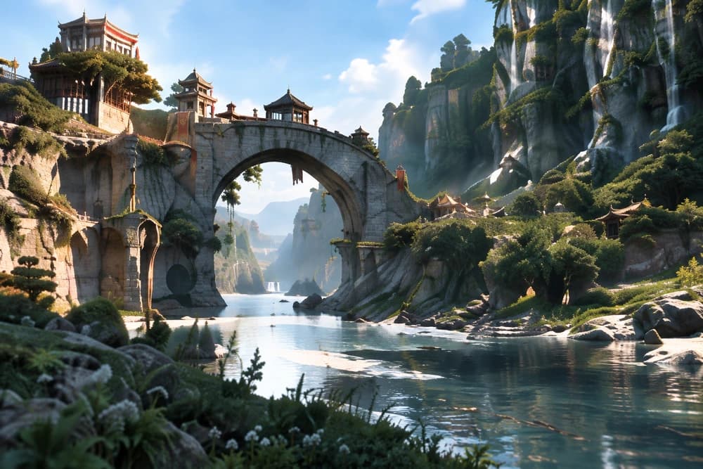 An ancient stone bridge spans a sunlit river between lush mountain cliffs.